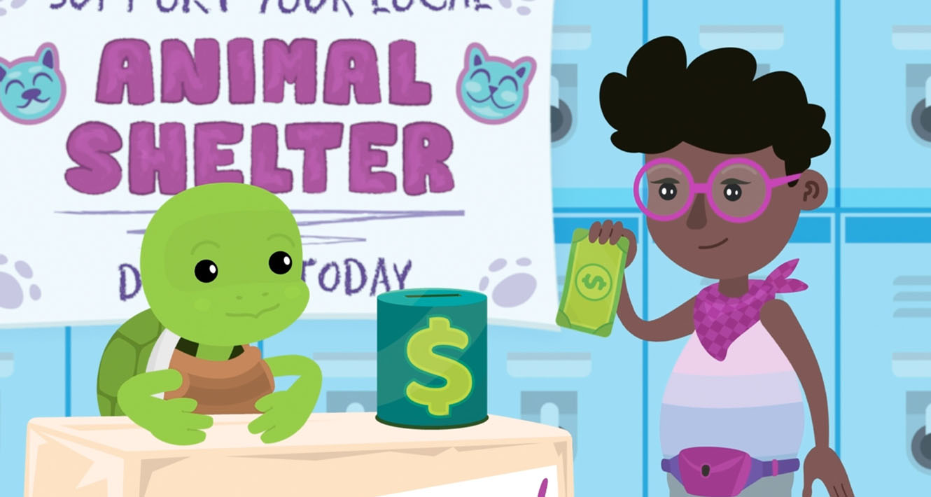 Giving money header girl at animal shelter